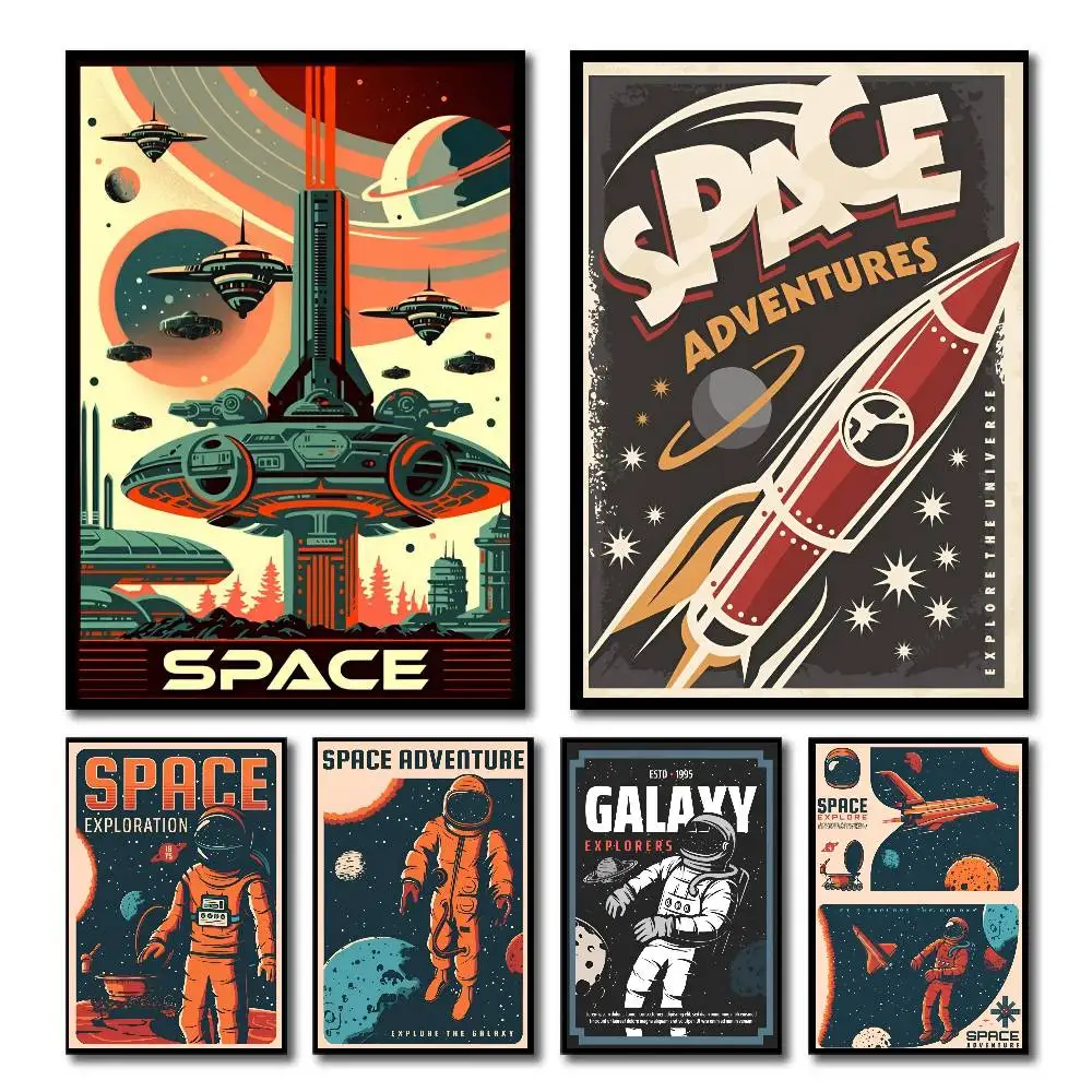 Vintage Space Astronauts Rocket Ufo Aliens Spacecraft Poster Self-adhesive Art Room Entrance Restaurant Wall Decor Art Painting