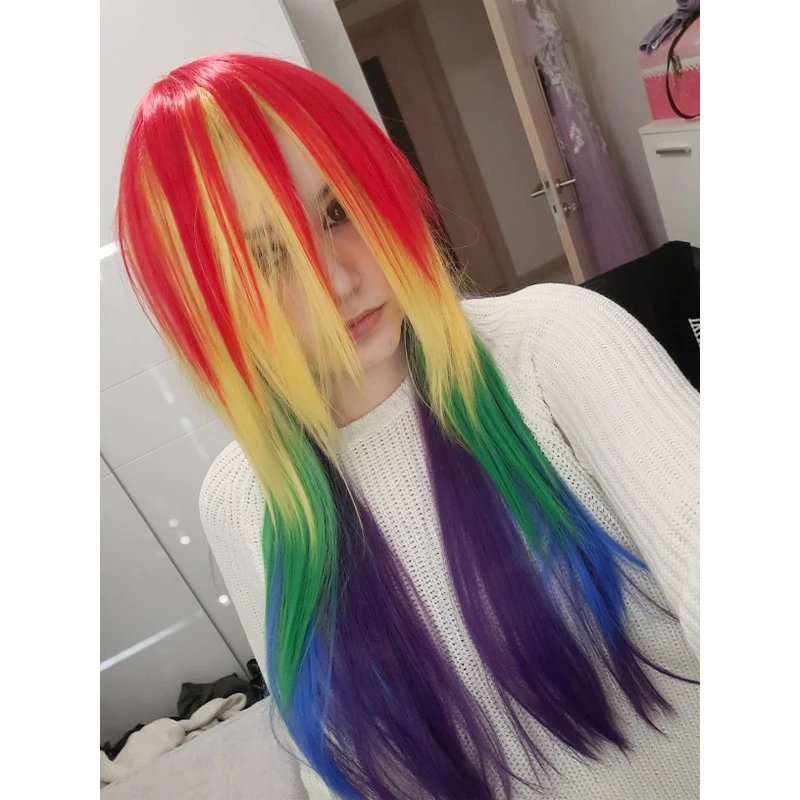 HAIRJOY włosy syntetyczne damskie Cosplay tęczowa kreska wielokolorowy żaroodporna imprezowa peruka darmowa wysyłka