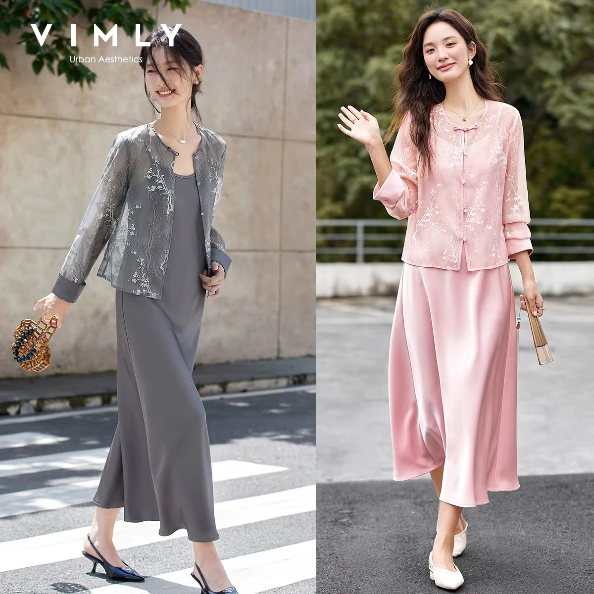 

VIMLY Women's Two Piece Dress Set Autumn 2026 Elegant Chinese Style Floral Embroidery Coats Long Suspender Satin Dresses A2683