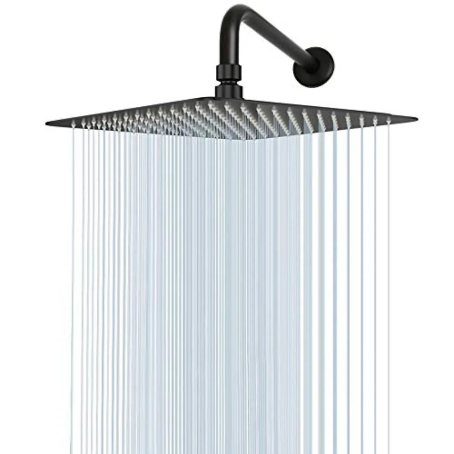 

Square Rain Shower Head With Extension Arm Large Stainless Steel Rainfall Shower-Waterfall Full Body Coverage 12 Inch Matte Bla