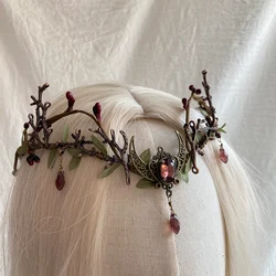 Handmade Woodland Elven Forest Leaves Crown Red Waterdrop Tiara Moon Circlet Goddess Circlet Fairy Goddess Wedding Crown