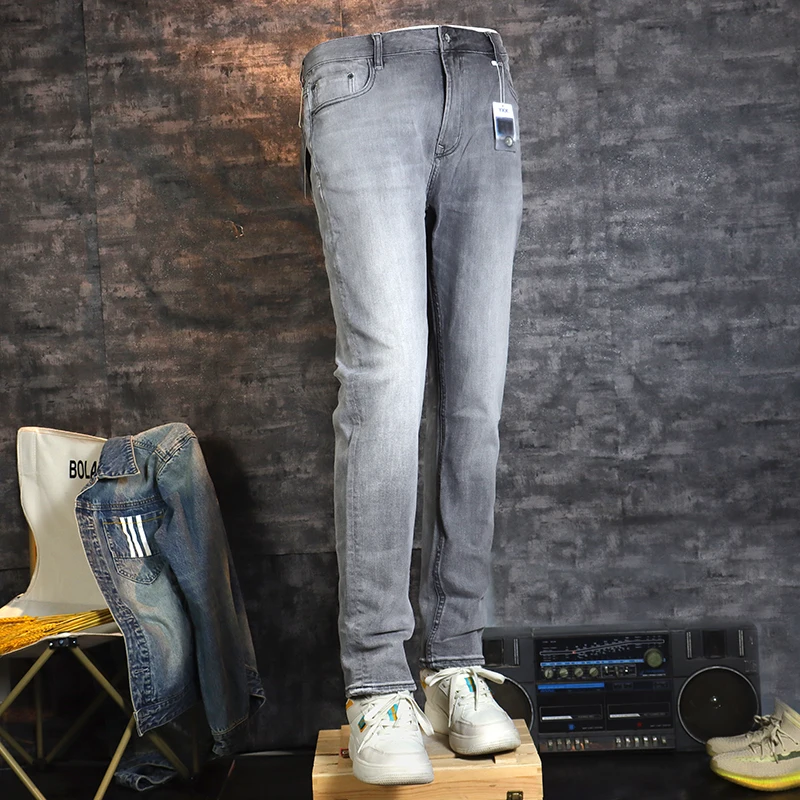 Italian Style Fashion Men Jeans Retro Gray High Quality Stretch Slim Fit Vintage Jeans Men Casual Designer Denim Pants Hombre