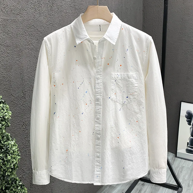 Lente en herfst bedrukt overhemd met lange mouwen, casual losse, bijpassende vierkante kraag, gesplitst vest met knopen