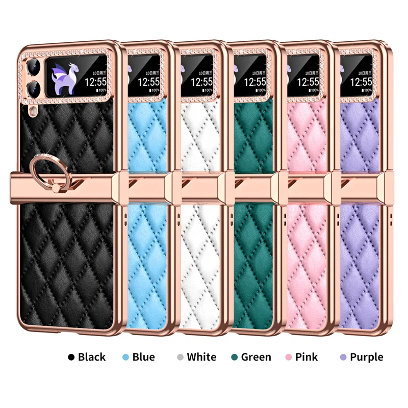 Etui na telefon Cute Diomand Ring Stand do Samsung Galaxy Z Flip6 5 4 3 Cover Holder do Flip5 ZFlip3 Plain Color Soft Leather Shell