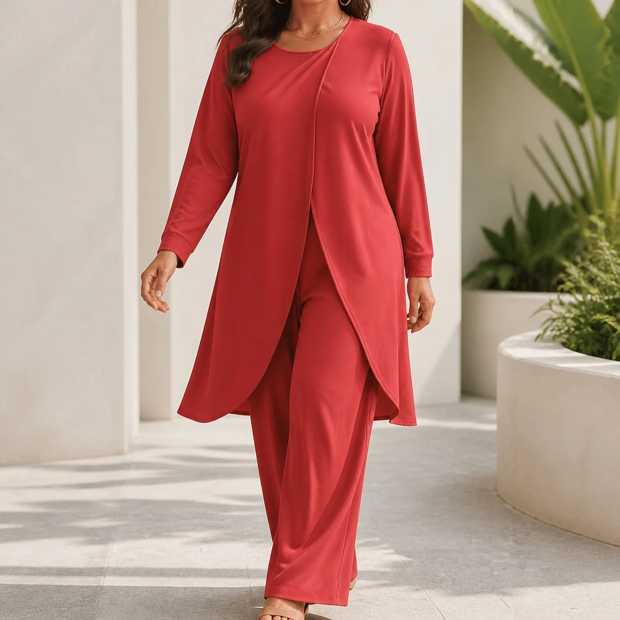 Long Sleeve Top Asymmetrical Hem Commuter with Elegant Commuter Pants Set Pants Crinkled Regular Sleeve Elegant Women Sets
