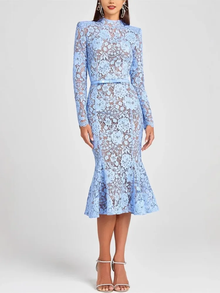 

Embroidered Lace Formal Evening Dress Women Hollow Belted Long Sleeve Dresses Summer Vestidos Para Mujer Temperament Clothing