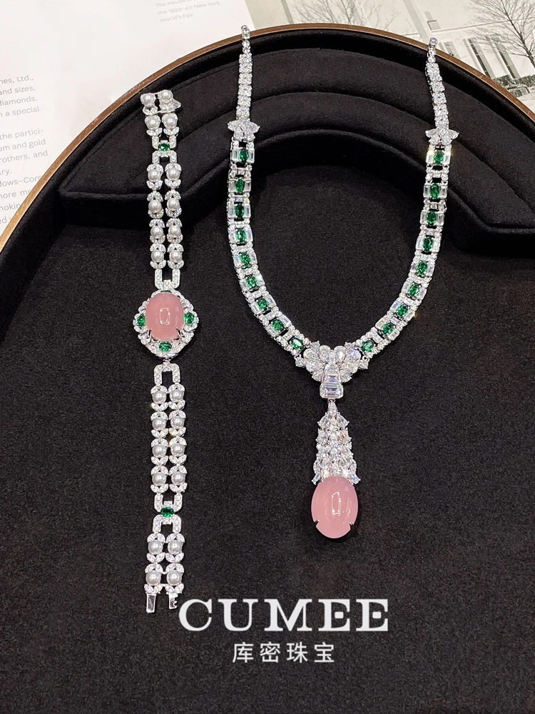 Cumee Vintage Dainty Pink Chalcedony Pendant Necklace Women 925 Sterling Silver CZ Gemstone Gold Plated