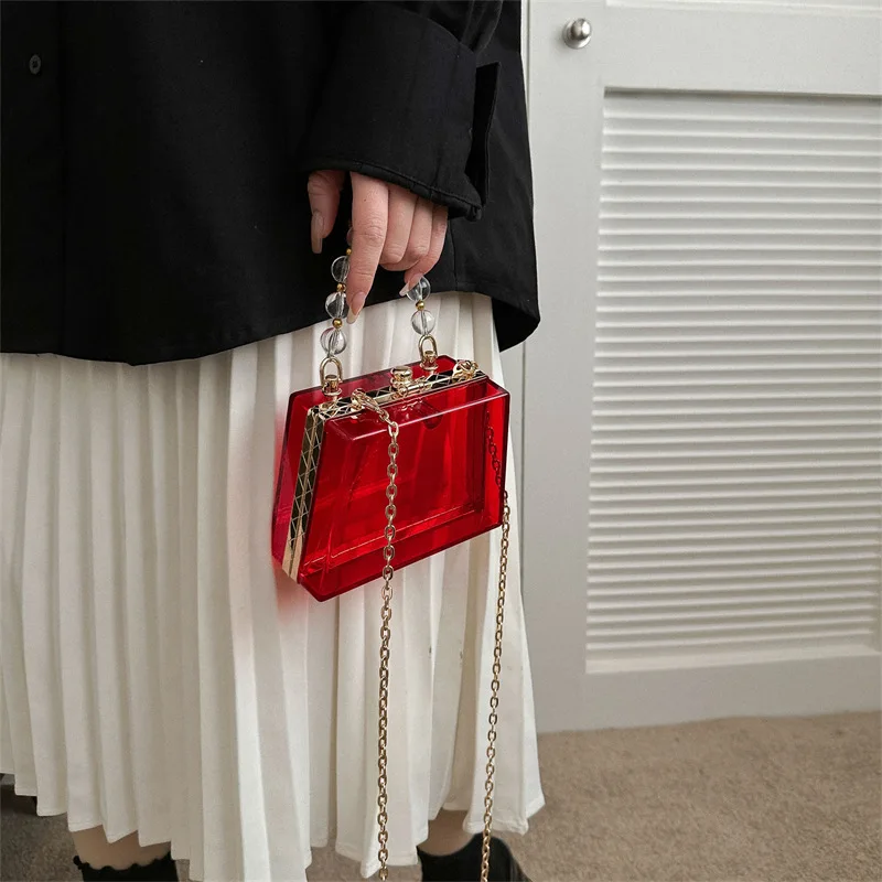 Summer Transparent Box Bag Female Small Pearl Handle Clear Shoulder Bag Chain Acrylic Dinner Bag