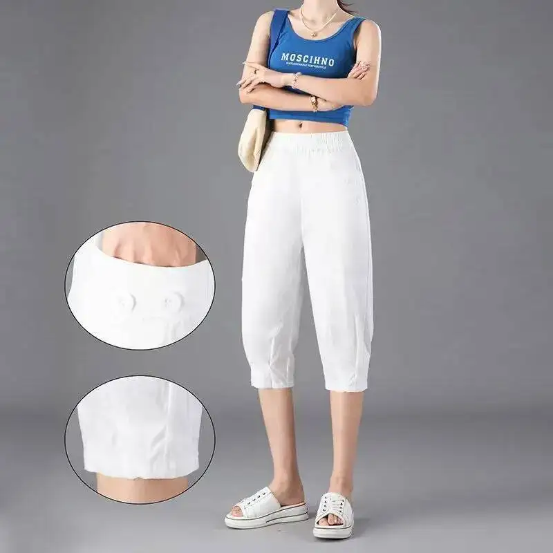 Women Capris Pants  2025 Summer Casual Loosesolid Color Calf-Length Pants Fashion Large Pocket Elastic Waist Harem Pants
