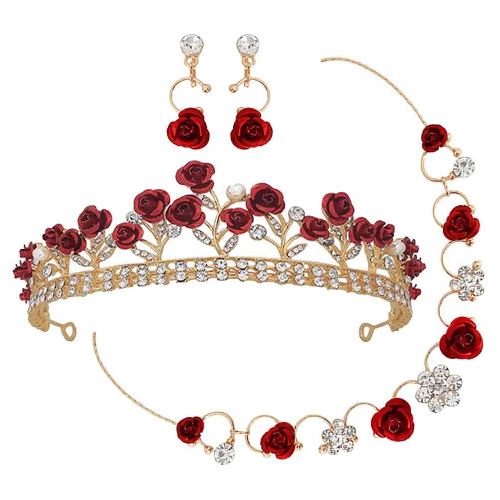 

1Set Crown Headband Necklace Earrings Set for Girls Rose Gold Rhinestone Jewelry Kids Elegant Birthday Wedding Party Accessory