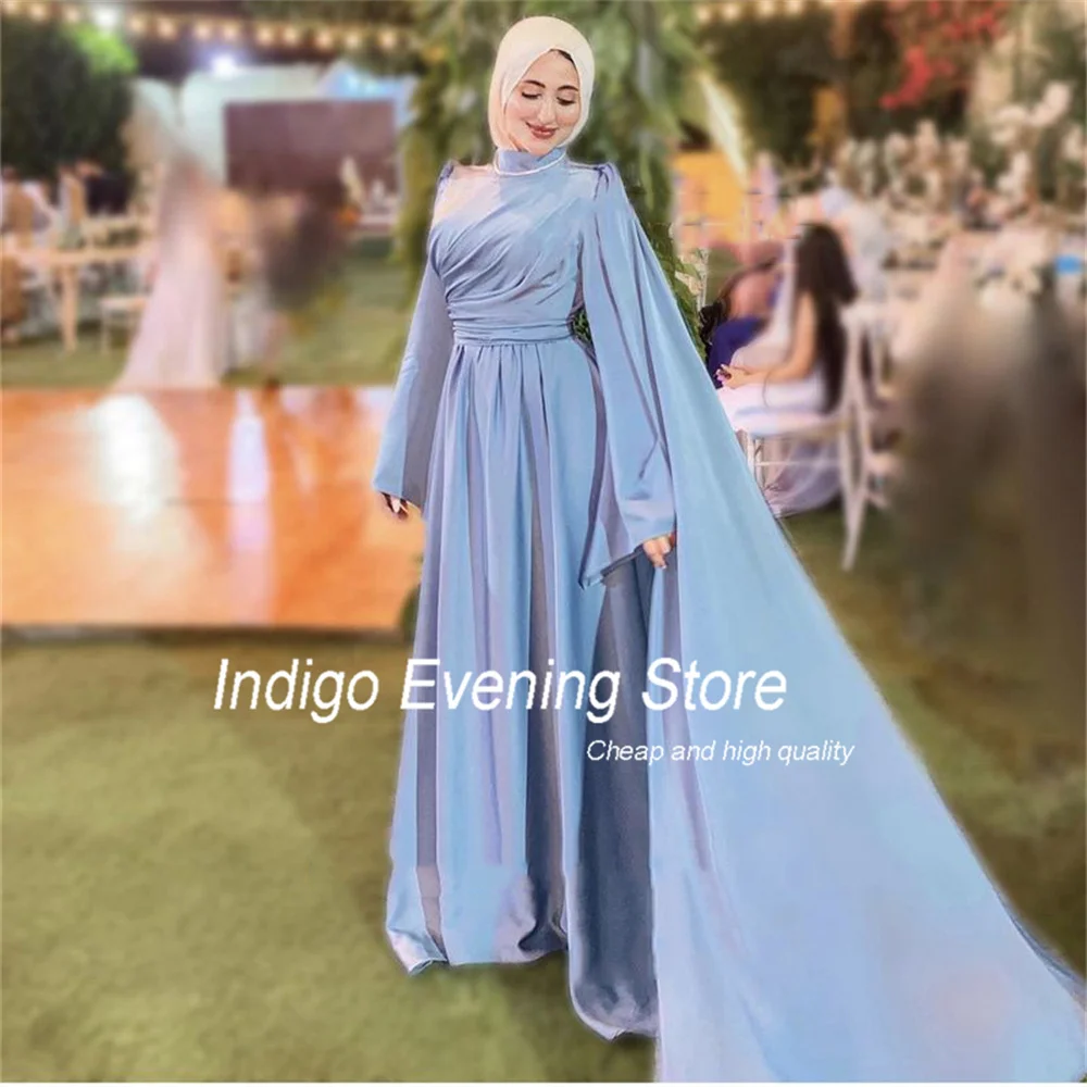 Indigo-Robe de Rhtrapèze à manches longues et col haut pour femme, robe de soirée élégante, robe de soirée plissée, train de balayage, robe de gala éducative