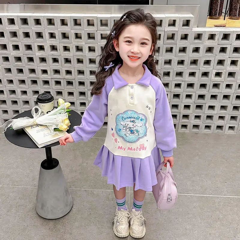 Anime Sanrios Long Sleeve Dress Kawaii Kuromi Girl Cute Preppy Skirt Fashion Pleated Skirt Cute Princess Skirt Children Clothes