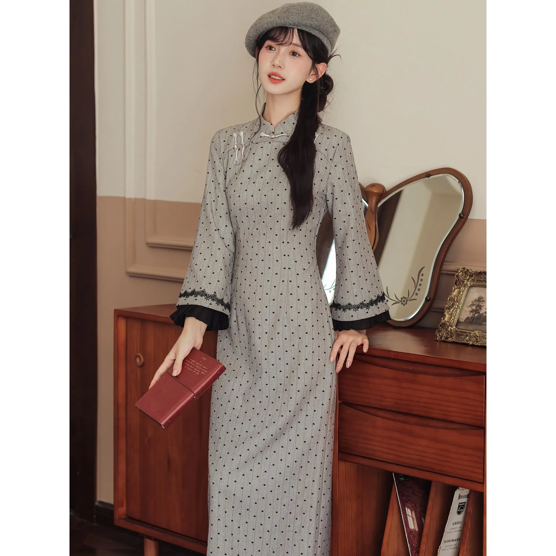 秋冬新作-sle-レディース-レインコーム-ポルカドットプリント-ロングスリーブ-スタンドカラー-ドレ-レトロ-sle-デイリーウェア-ポル
