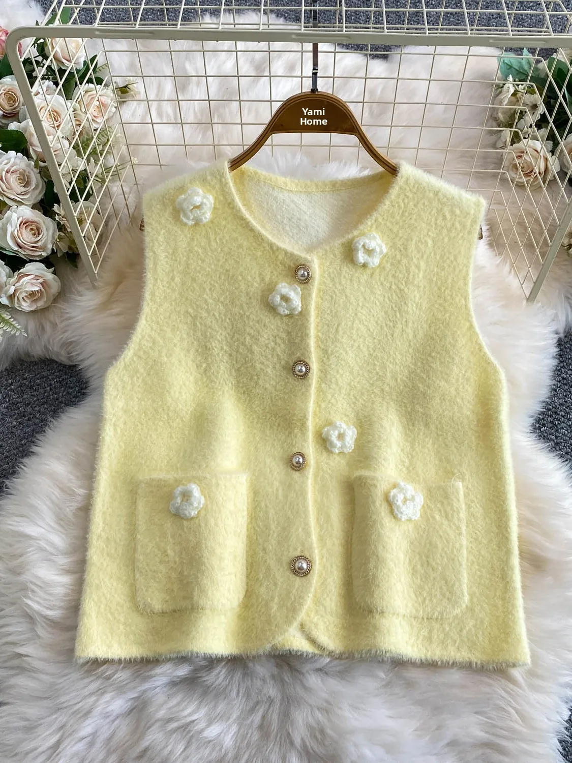 Soft Plush Vest Jacket Women's Fashionable Autumn Warmth Floral Decoration Commute Style Faux Velvet Outerwear
