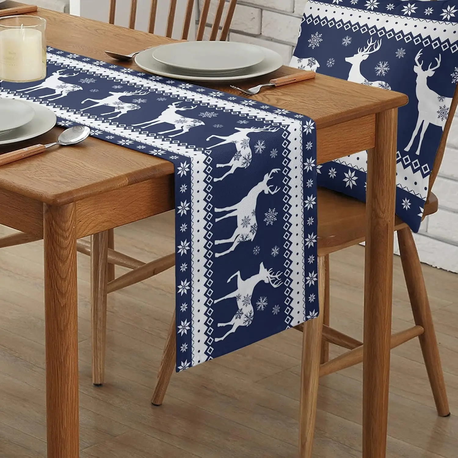 Christmas Elk with Blue Art Snowflake Linen Table Runners Home Decor Reusable Kitchen Home Dining Table Runners Party Supplies