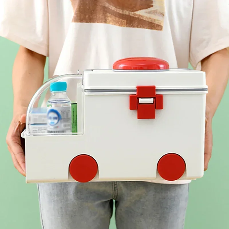 Caja médica para el hogar con forma de ambulancia de dibujos animados, caja médica portátil para niños, caja de almacenamiento de pastillas, caja de