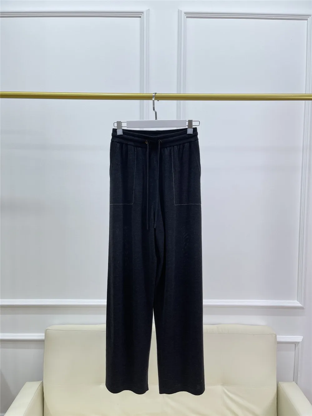 Casual Knitted Wide Leg Pants with Drawstring Elastic High Waist Trousers