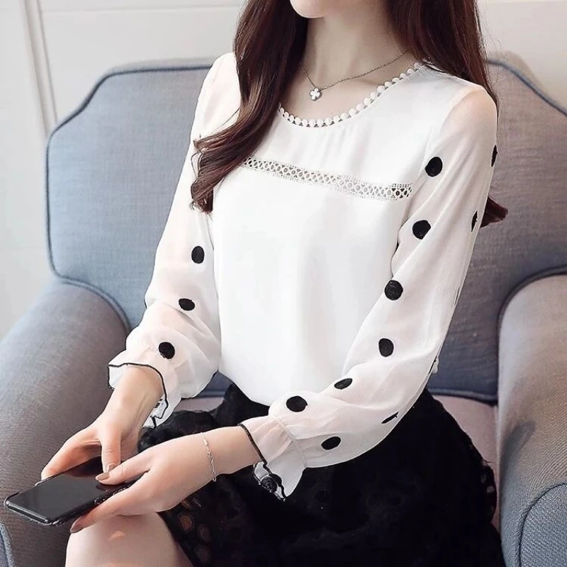 

Long Sleeve Polka Dot Printing Office Blouse Spring Autumn New Off Shoulder Vintage Shirt Tops Elegant Fashion Women Clothing