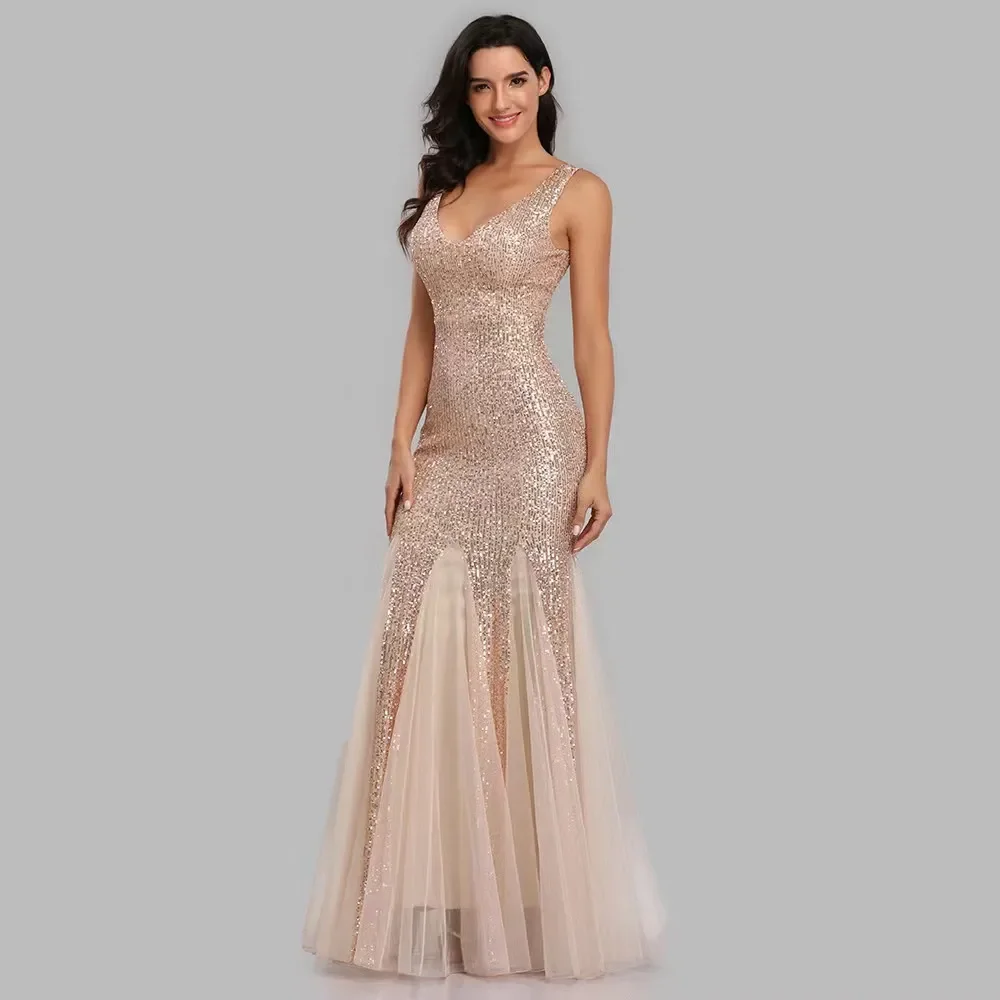 Vestido de sirena brillante para madre de la novia, traje sexy con cuello en v, apliques de lentejuelas con cuentas, longitud hasta el suelo, 2023