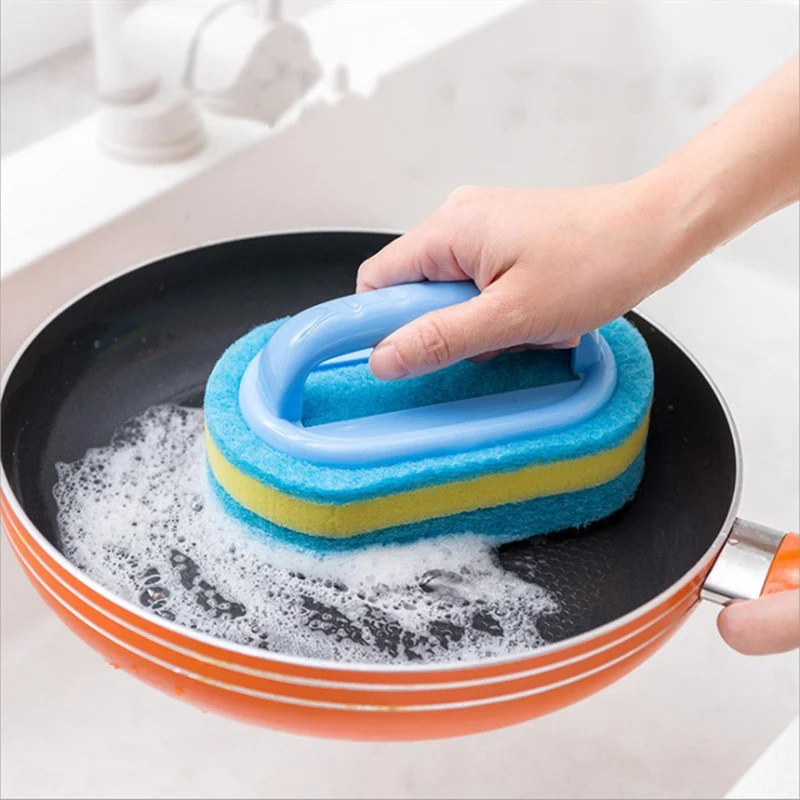 Multi-Functional Cleaning Sponge with Handle for Kitchen Bathroom Tile Glass Bathtub Stain Removal Easy Grip Design