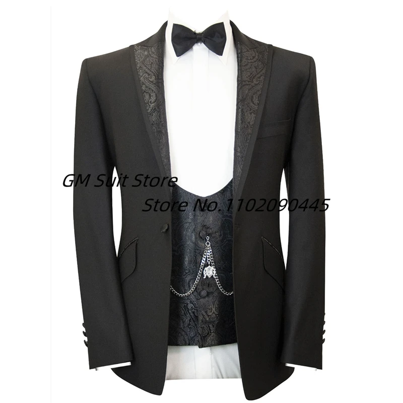 

Men Suit 3 Pieces Jacket Sets Slim Fit One Button Jacquard Weave Tuxedos Wedding Dress Blazer Pants Vest