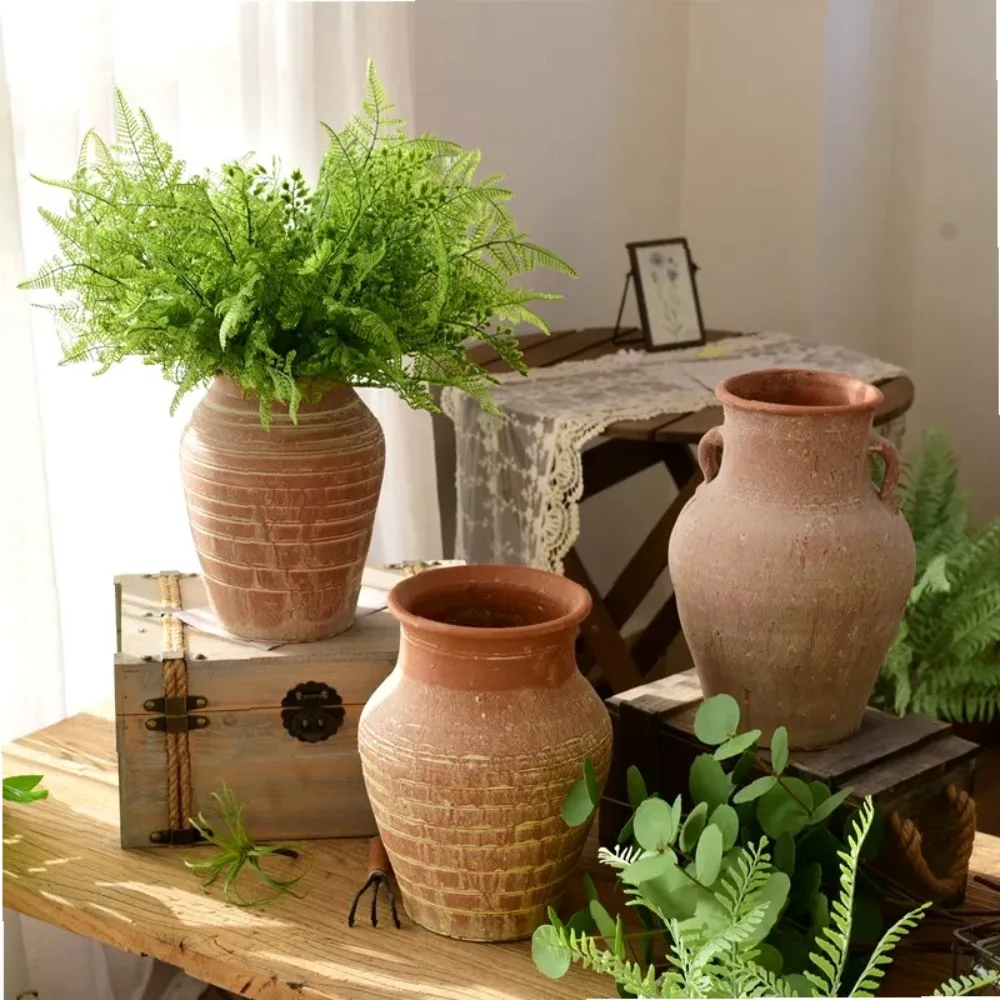 Retro Clay Pot Large Diameter Ceramic Porous Flower Vase Plant Pots Simple Red Clay Dry Flower