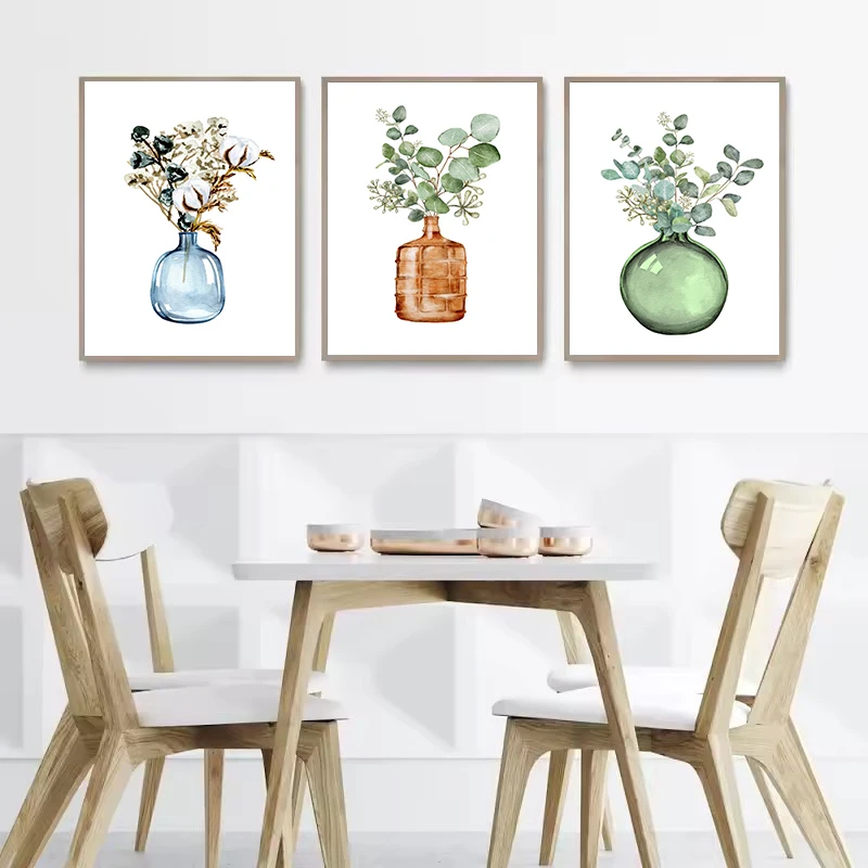 Watercolour Green Plant Leaves Eucalyptus Glass Vase Botanical Poster Canvas Painting Wall Art Pictures Home Interior Decor Gift