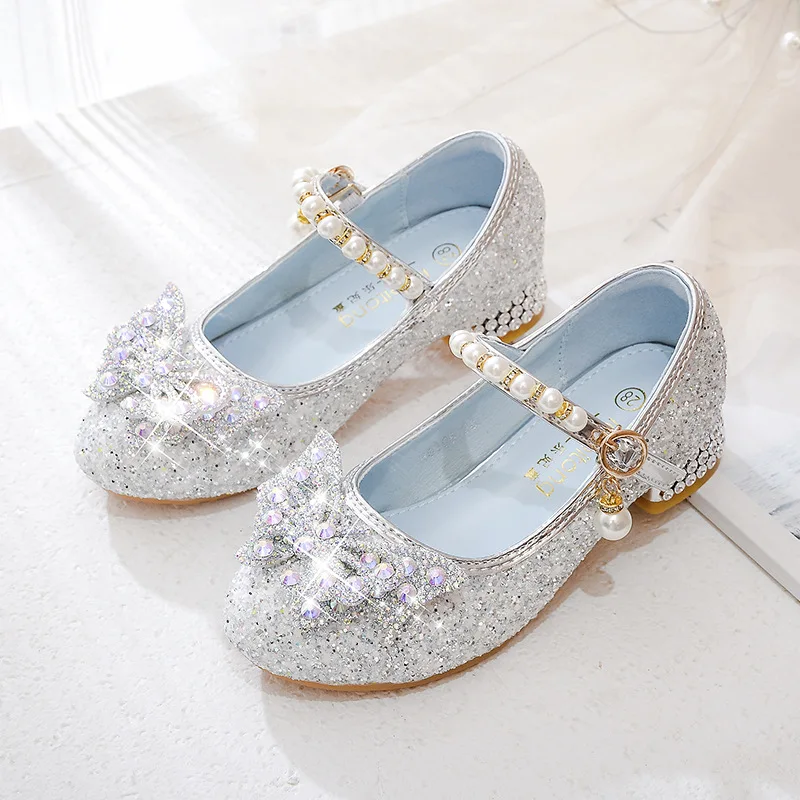 Girls High Heels 2024 New with Blue Pink Princess Crystal Dance Shoes Bowknot Rhinestone Beaded Children Wedding Leather Shoes