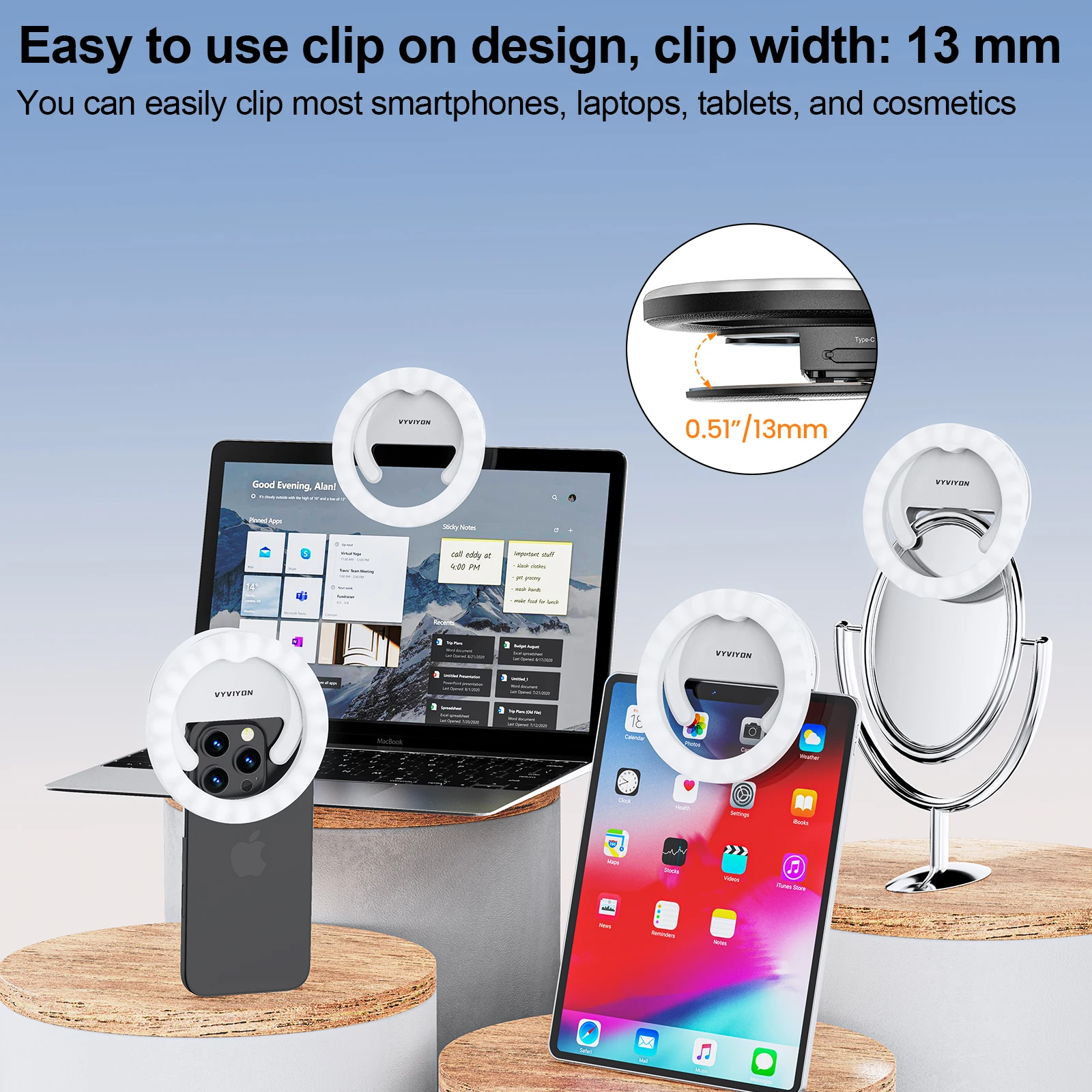 Anel de luz giratório para selfie, anel de luz com clipe para telefone, foto e vídeo, 3 temperaturas de cor, recarregável, luz de preenchimento LED