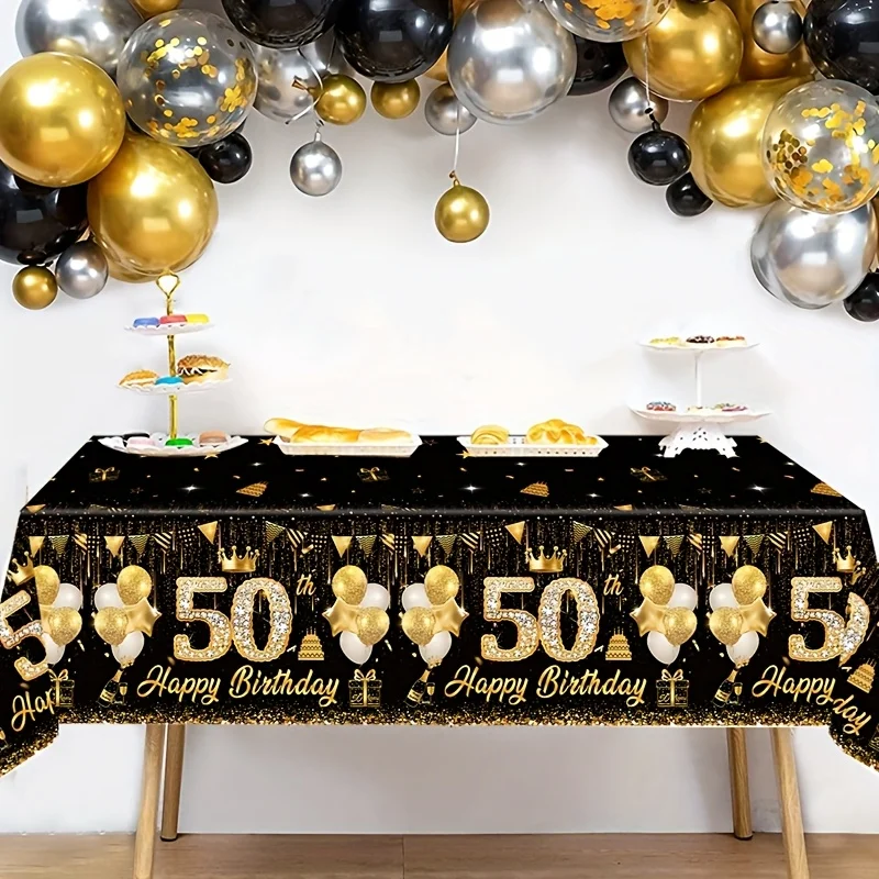 Halloween & Christmas 50th Birthday Disposable Tablecloth - Black and Golden Balloon Cake Design,wedding decorations,summer deco