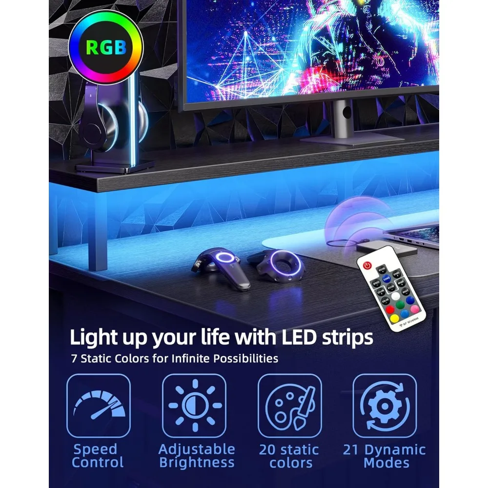 LED-Lit 47 Gaming Desk with Storage Drawers and Built-In Power Outlets for Home Office