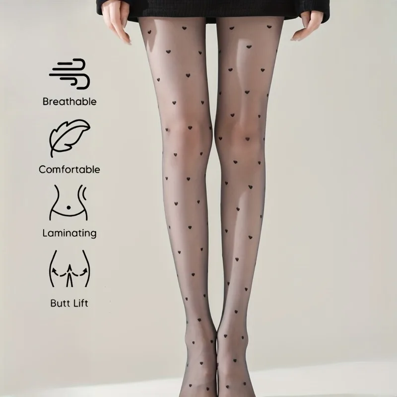 Sheer Heart Print Tights Thin Transparent Black Pantyhose Butt Lifting Breathable Mesh Hosiery Sweet Love Dot Pattern Stockings