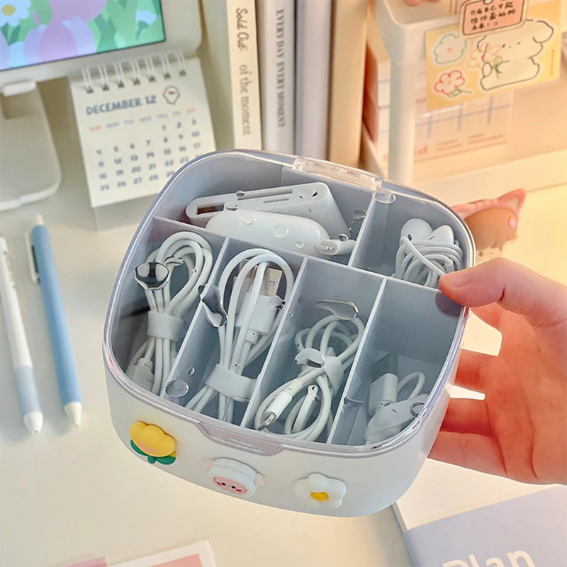 Kawaii Desk Organizers With Sticker Lid Cute PlasticJewelry Stationery Charging Cable Hair Band Portable Home Desk Storage Box