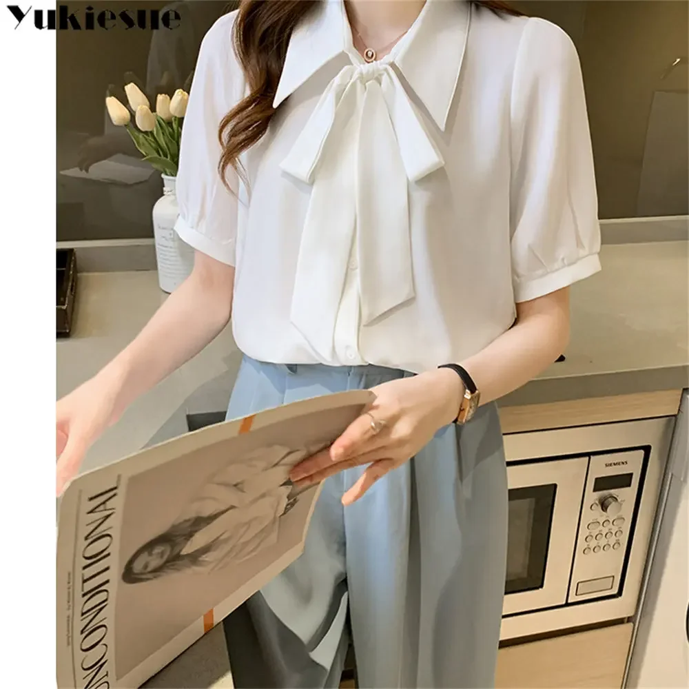 ฤดูร้อนสแควร์เกาหลีสไตล์แฟชั่นเสื้อผ้าผู้หญิงชีฟอง Femme Bow เสื้อด้านบนผู้หญิงเสื้อแขนสั้น