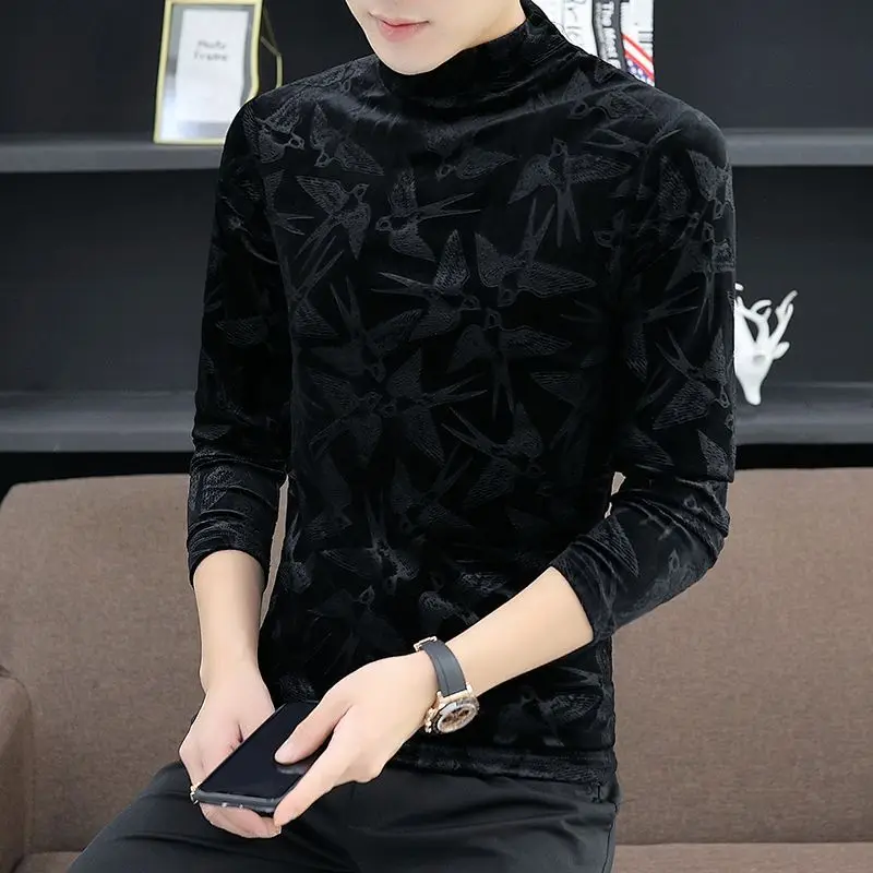 Trend Fashion Spring Autumn Golden Velvet New Men Mock Neck Printing New Korean Smart Casual Long Sleeve Bottoming Shirt Tops