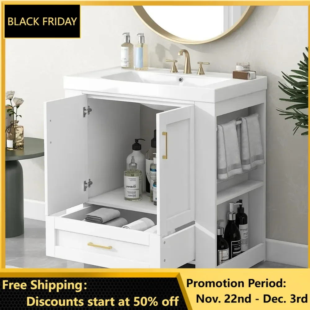 bathroom organizers, 30 Inch Bathroom Vanity with Sink, Freestanding Single Bath Vanity Wood Storage Cabinet with Drawer, Side S