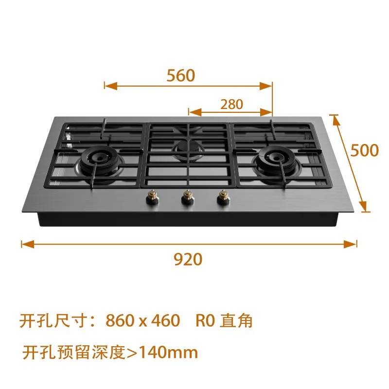 Estufa de gas de tres ojos hundida con encimera empotrada Estufa de gas retro integrada de acero inoxidable Gas natural