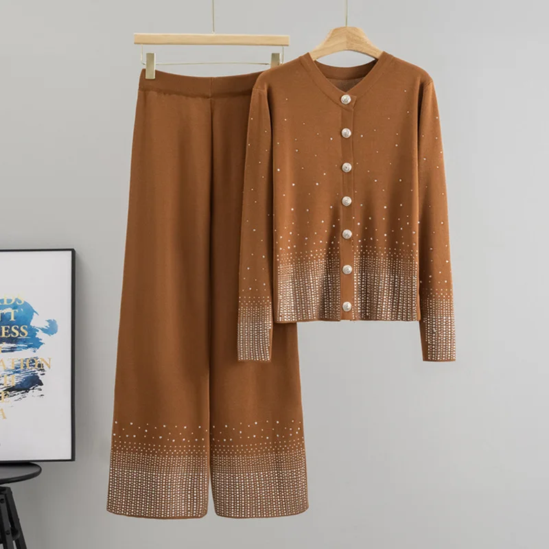 Autumn New Rhinestone Knitted Set Round Neck Long Sleeved Cardigan Knitting Pants Two-piece Suit Women's Shiny Matching Sets