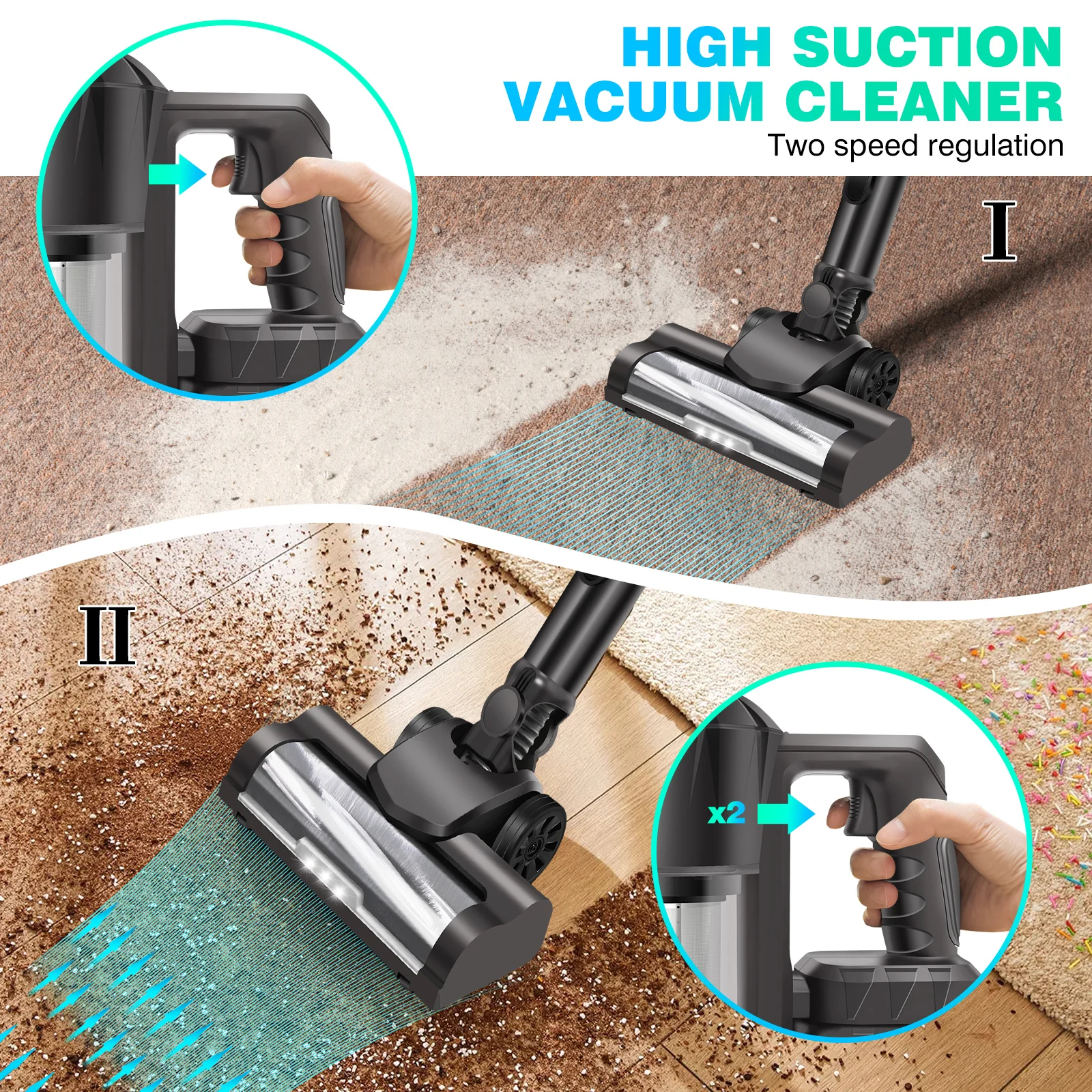 【Large House】Cordless Vacuum Cleaner with LED Light, 70 Minutes Long-Lasting Battery, Upright Handheld Design, HEPA Filter for A