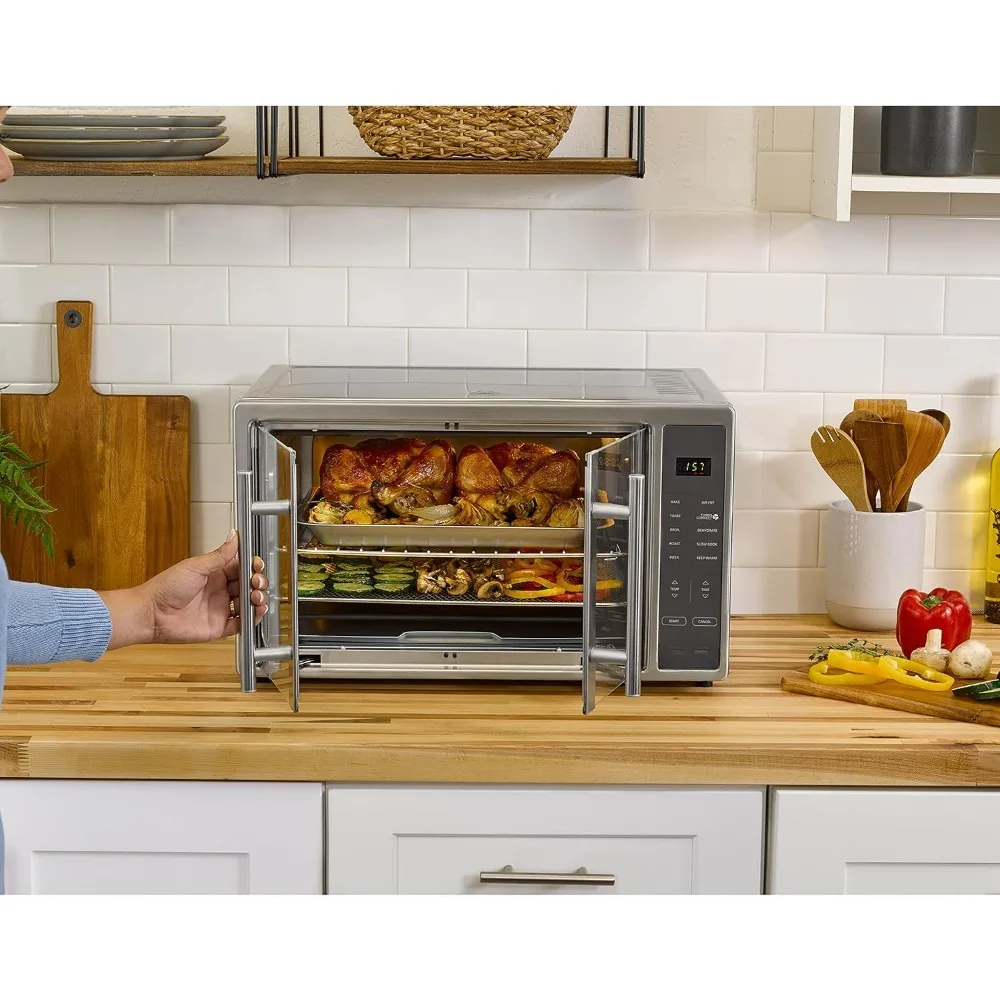 Air fryer oven, countertop toaster, large enough for 2 pizzas, stainless steel French doors, extra large mini oven