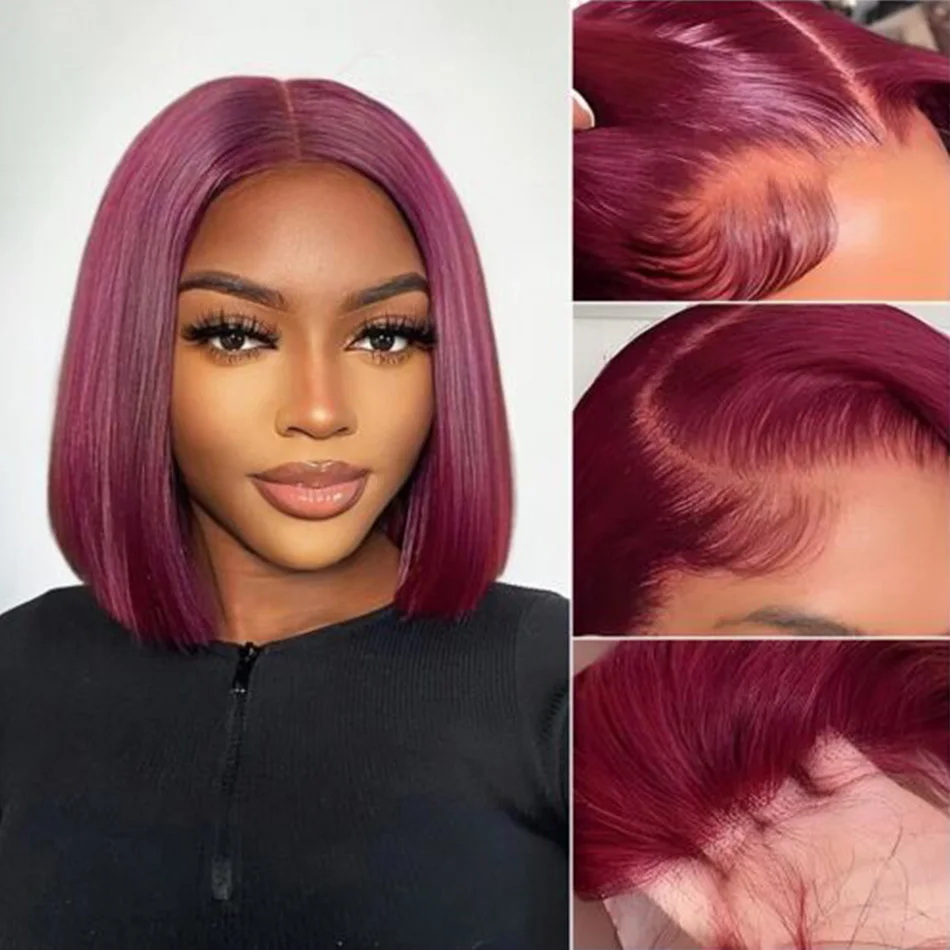 Bone Straight Short Bob Wig Human Hair Wigs For Women Burgundy 13X4 Lace Front Wigs 99J Bob Wig Brazilian Human Hair Pre Plucked