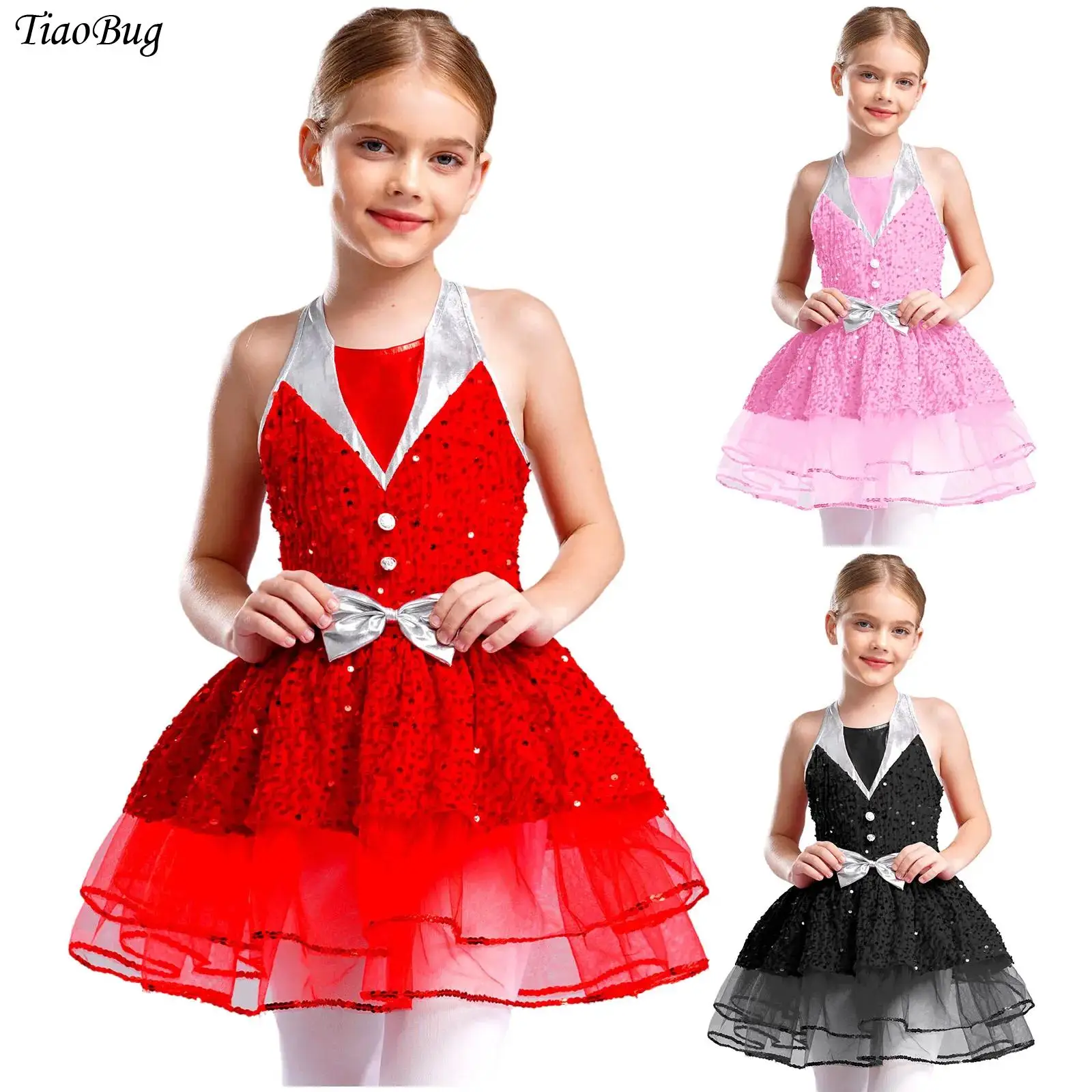 

Kids Girls Christmas Dress Sleeveless Halter Backless Sequins Tutu Skirt Ballet Dance Dresses Xmas Party Performance Costumes