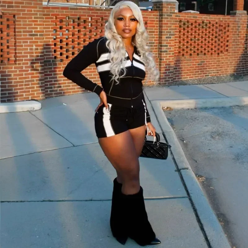 

Женский комплект из 2 предметов с вафельной текстурой, цветные лоскутные спортивные костюмы, куртки на молнии с длинными рукавами, топы + шорты, осенние костюмы 2023 г.