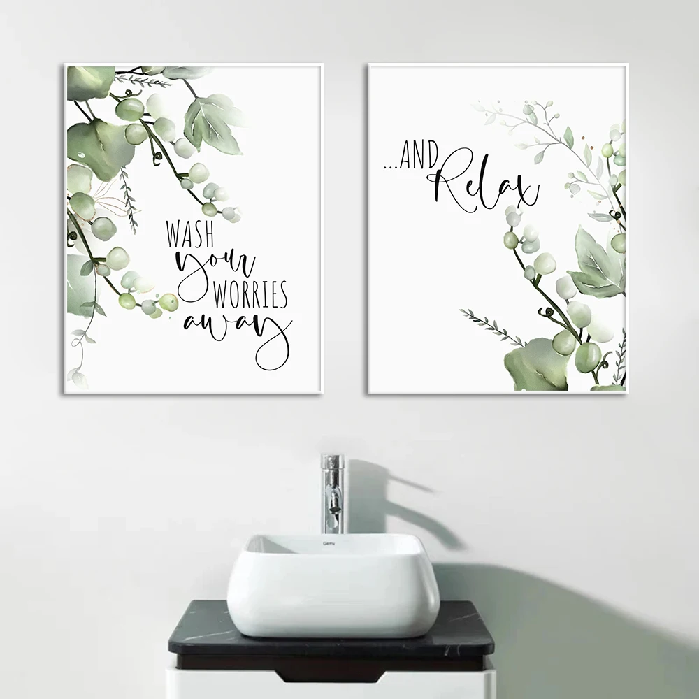 

Wash Your Worries Away And Relax Quote Wall Art Poster Print Canvas Painting Nordic Botanical Pictures Bathroom Room Home Decor