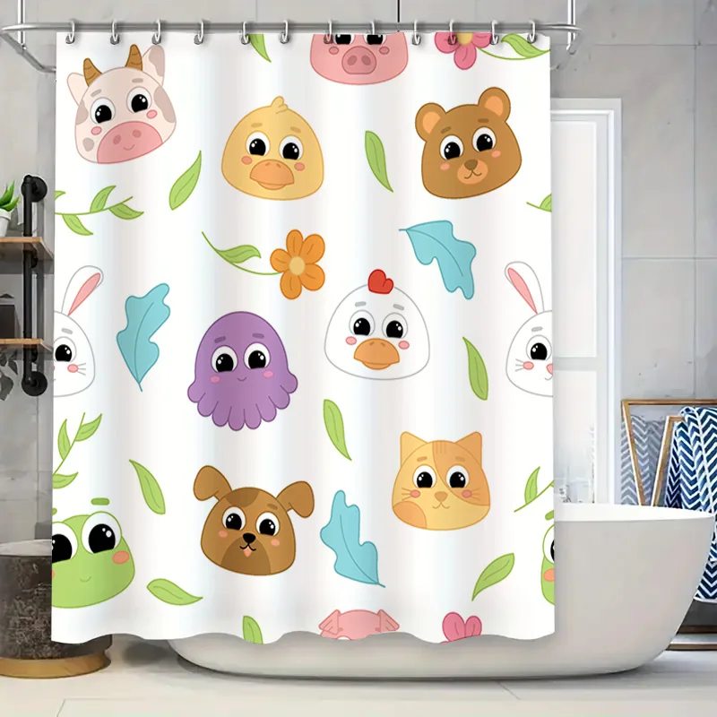 

Очаровательная занавеска для душа с мультяшным животным принтом, белый фон с зелеными листьями, дизайн для украшения ванной комнаты в кухонах Dini