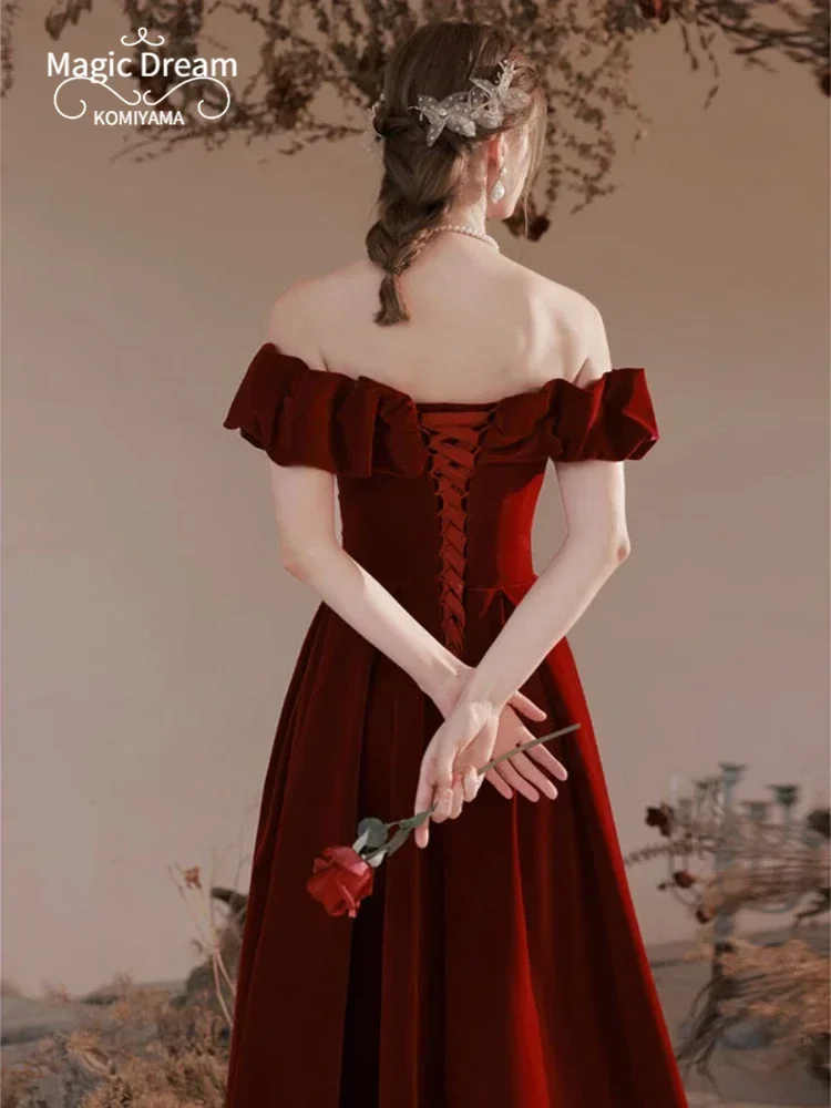 Elegant Temperment Shoulder Strapless Party Dresses Boat Neck Slim Waist Wedding Dresses Cross Lace Up Vintage Evenin