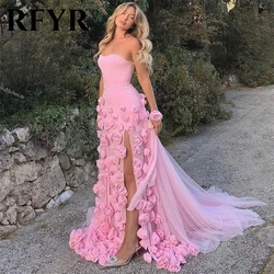 RFYR 핑크 인어 매력적인 댄스 파티 드레스 3D 꽃 정장 가운 민소매 이브닝 가운 사이드 슬릿 vestidos de noche 맞춤형