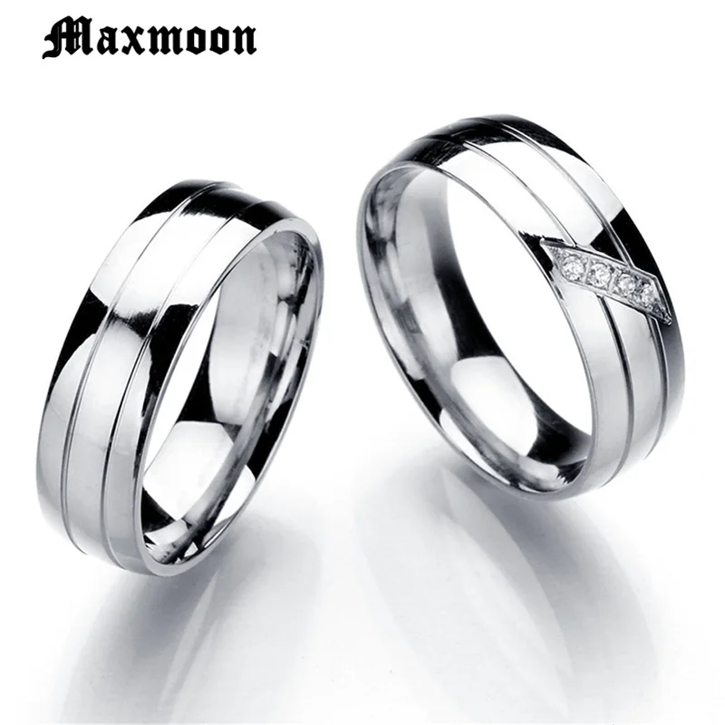 Maxmoon obrączki dla kobiet mężczyzn para opaska z cyrkoniami ze stali nierdzewnej rocznica zaręczynowa biżuteria Alliance Bijoux