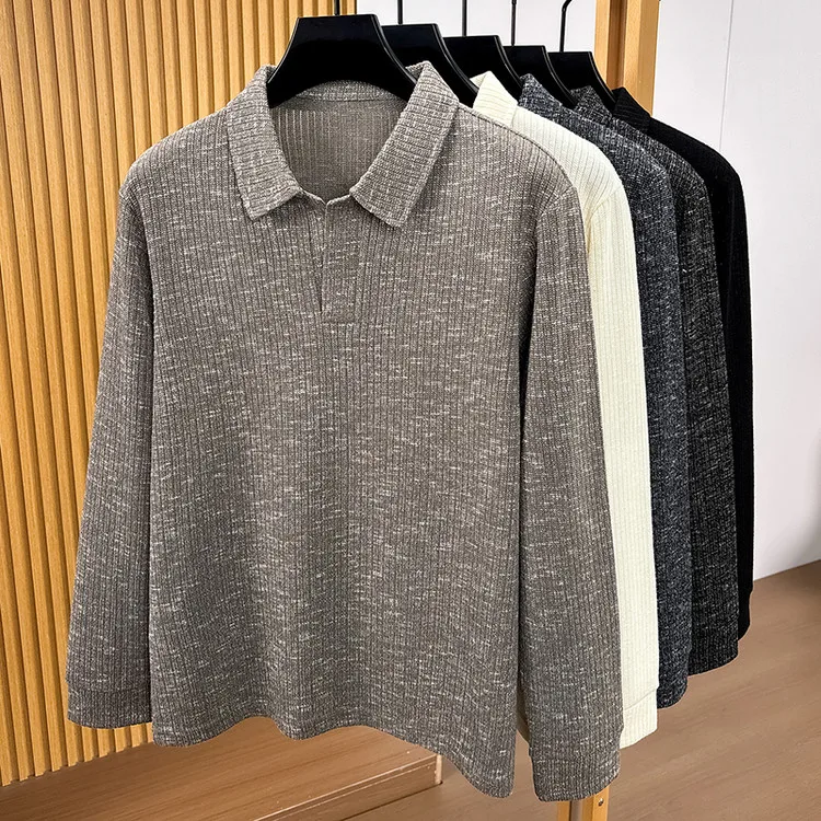 Herren-Polohemd mit Reverskragen, langärmelig, aus strukturiertem, geripptem Stoff, mit halber Knopfleiste, schmal geschnitten, weiches Strickoberteil, für den Alltag, lässige Herrenoberteile – Detail 14