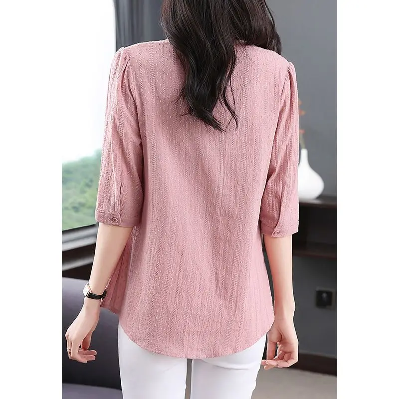 Korean Simple V Neck Half Sleeve Solid Loose Ladies Tops 2023 Summer Fashion Elegant Vintage Embroidery Shirts Blouses for Women